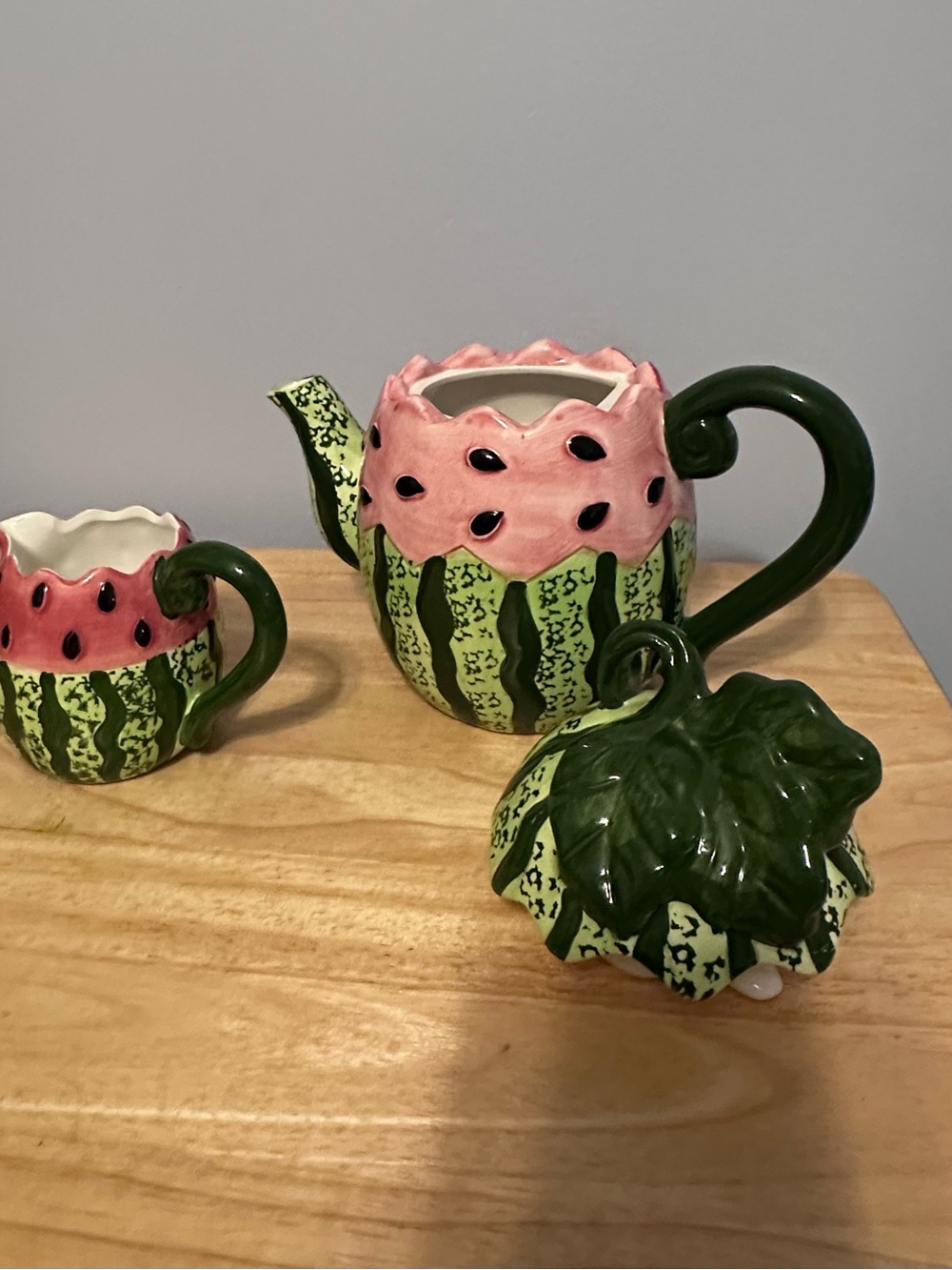Cracker Barrel Watermelon Ceramic Teapot and Cup Set - Pink & Green